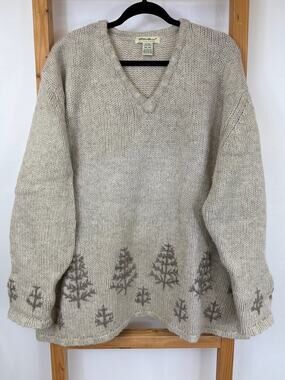 Vintage Eddie Bauer Cream Tree Pattern Wool Sweater Size XXL